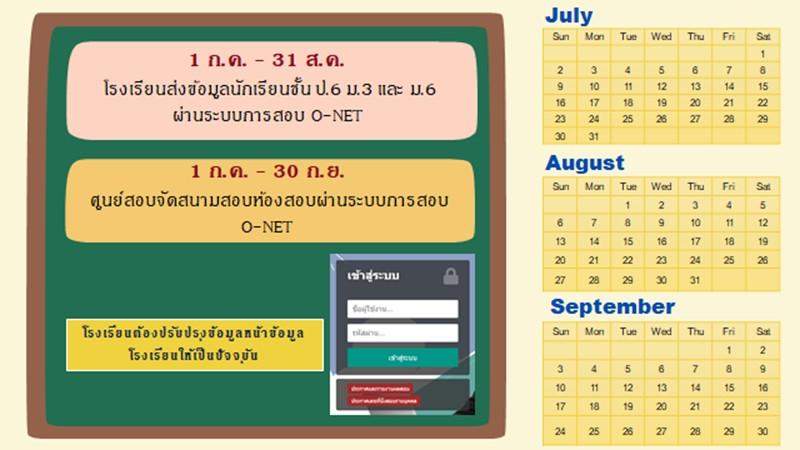 แจ้งปฏิทินกำหนดการส่งข้อมูลนักเรียน การทดสอบทางการศึกษาระดับชาติขั้นพื้นฐาน (O-NET) ชั้น ป.6 และ ม.3  ในระบบ O-NET